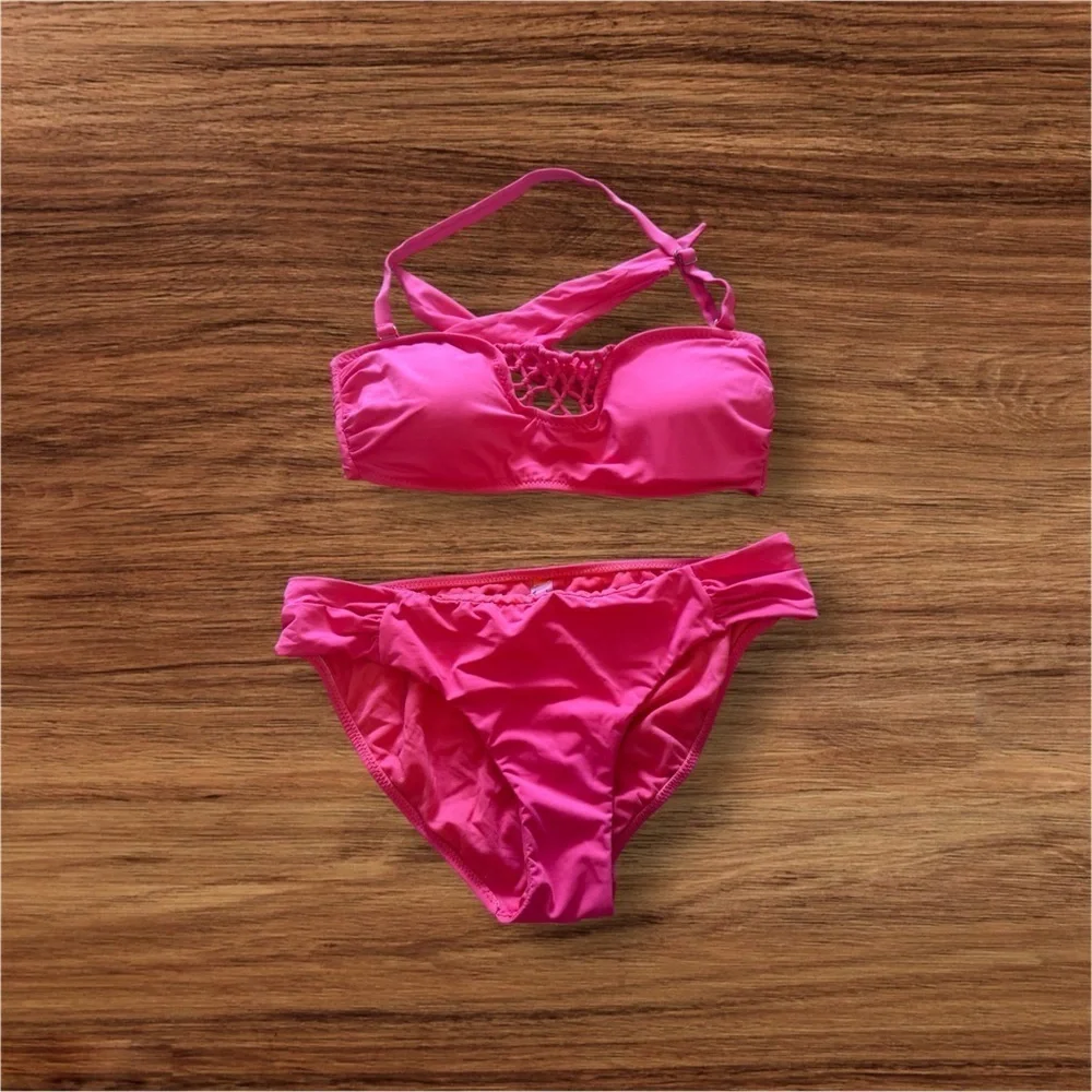 Bikini Set Leilani swimsuit set strapless Tie top bikini button Hot pink 10